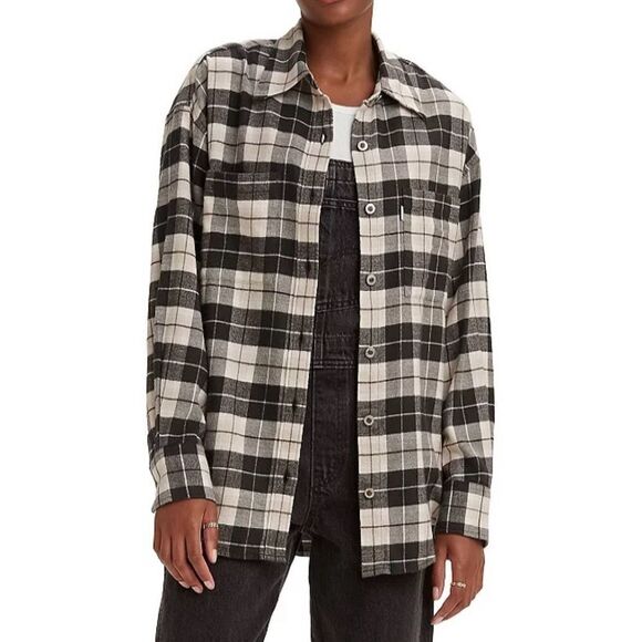 Levi's Tops - Levi’s SilverTab Oversized Boyfriend Black Beige Plaid Flannel NWT